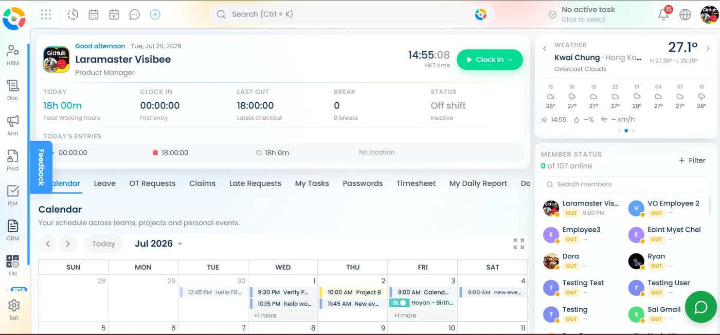 Your day at a glance — clock-in, calendar and team presence